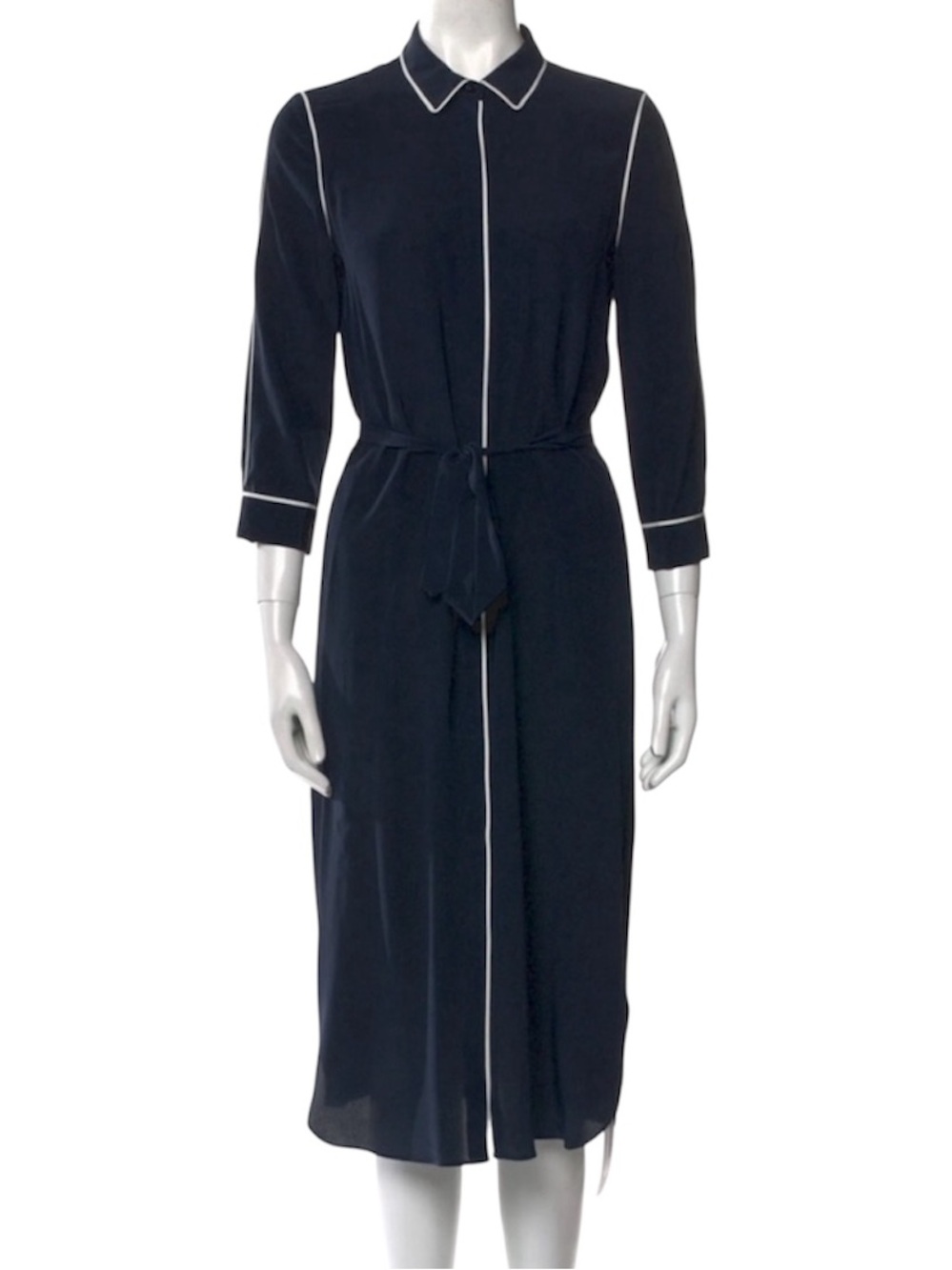 Silk Navy Blue Long Shirt Dress with White Piping